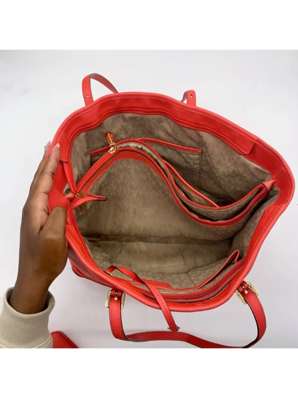 Michael Kors Coral Saffiano Leather Work Tote And Wallet